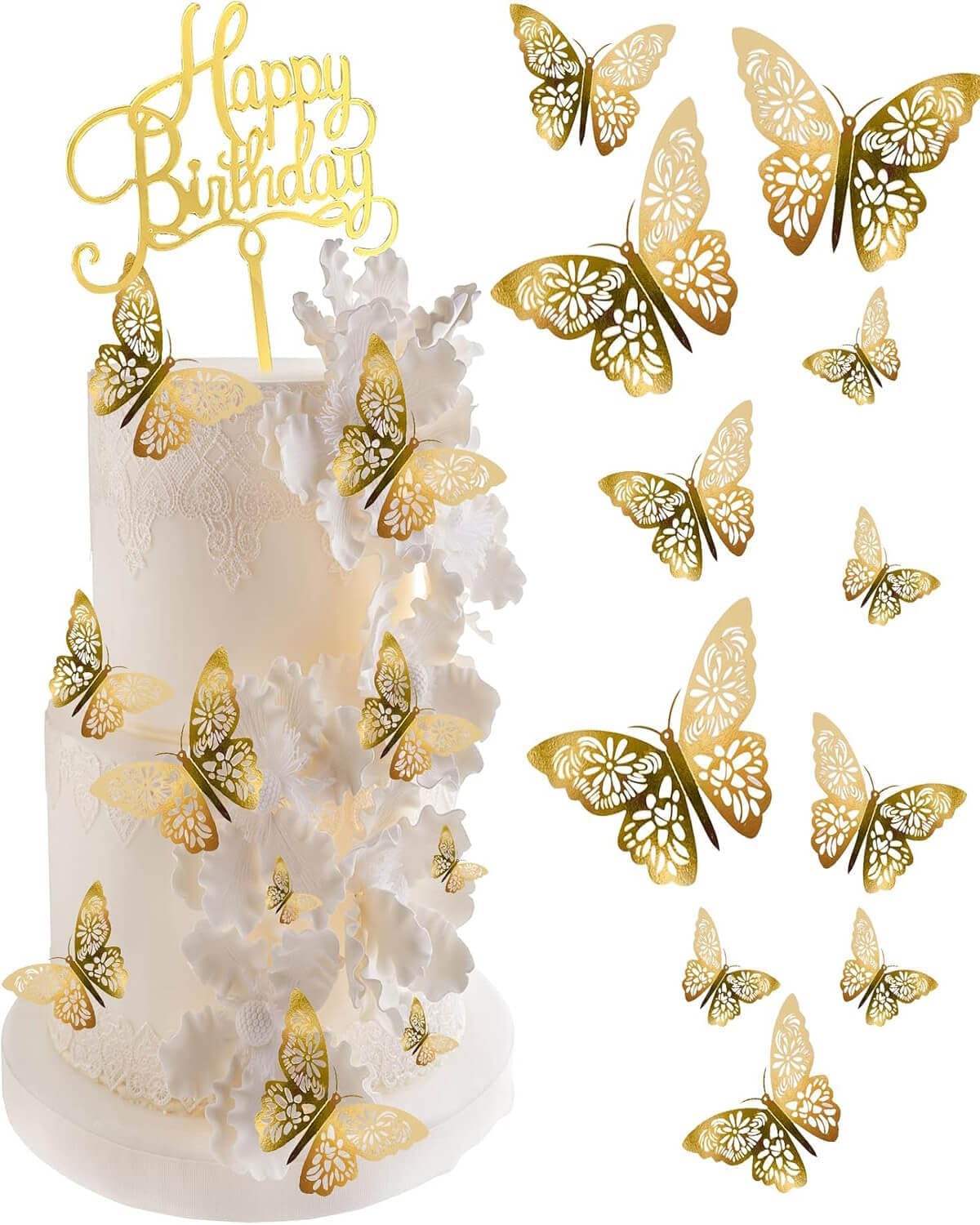 Mvwarj Gold 3D Butterfly Cake Decorations (24-Piece)